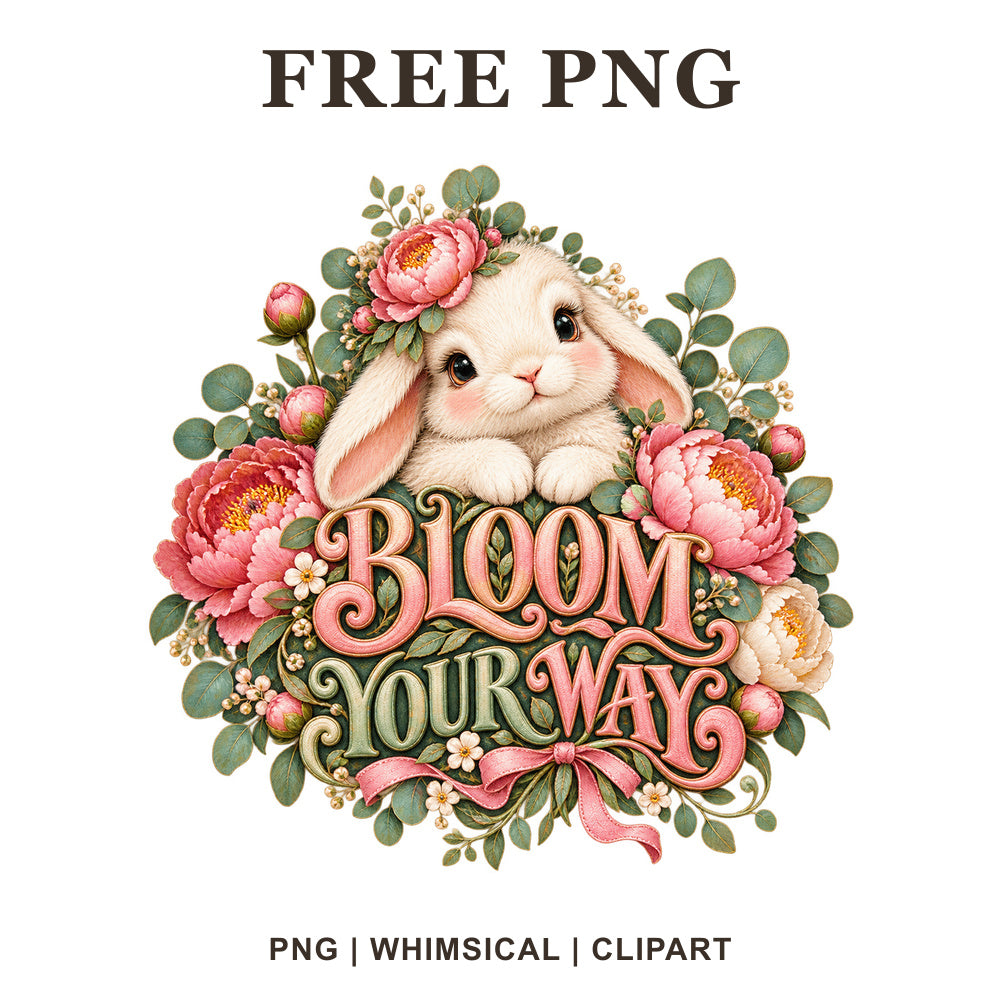 Cream bunny peeking from a pink peony and green leaf wreath above Bloom Your Way pink lettering, free spring bunny PNG
