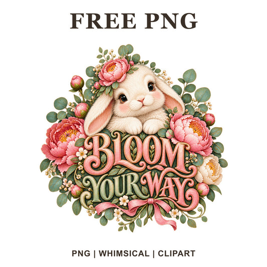 Cream bunny peeking from a pink peony and green leaf wreath above Bloom Your Way pink lettering, free spring bunny PNG