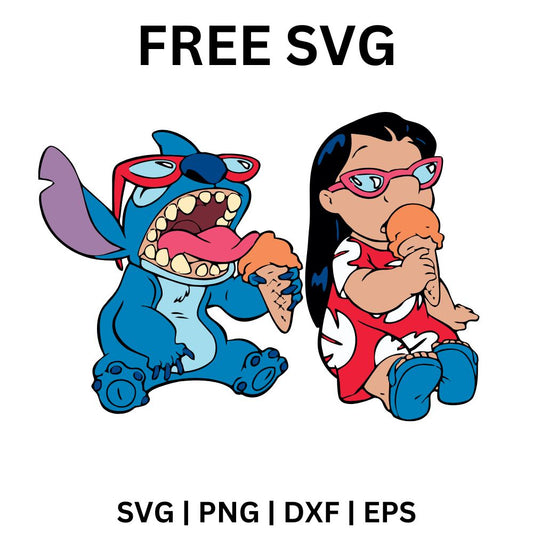 Blue alien creature and a girl in a red dress both wearing pink sunglasses and eating ice cream cones, free summer ice cream friends SVG cut file preview.