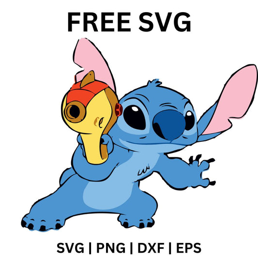Blue alien creature with big pink ears carrying a stack of small yellow ducklings on its shoulder, free alien and ducklings SVG cut file preview.