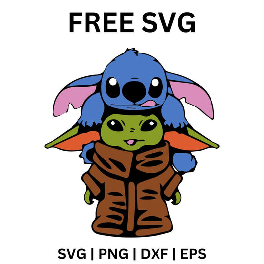 Fuzzy blue big-eared alien creature perched on the head of a green big-eared alien baby in a brown robe, free alien friends layered SVG cut file preview.