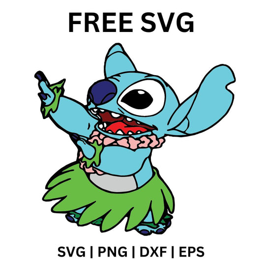 Blue alien creature in a green grass skirt and pink flower lei dancing the hula with arms raised, free hula dancing alien SVG cut file preview.
