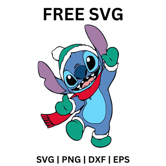 Excited blue alien creature in a green pom pom beanie, red scarf and green mittens jumping with arms raised, free winter alien SVG cut file preview.