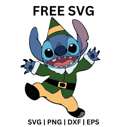 Happy blue alien creature in a green and yellow Christmas elf costume and hat dancing with arms out, free Christmas elf alien SVG cut file preview.