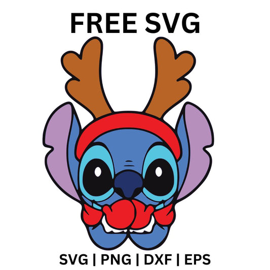 Blue alien creature head wearing reindeer antlers, a red headband and a round red nose, free Christmas reindeer alien SVG cut file preview.