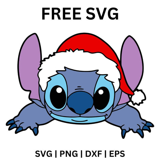 Smiling blue alien creature head in a red Santa hat peeking over a ledge with its paws, free Christmas alien SVG cut file preview.