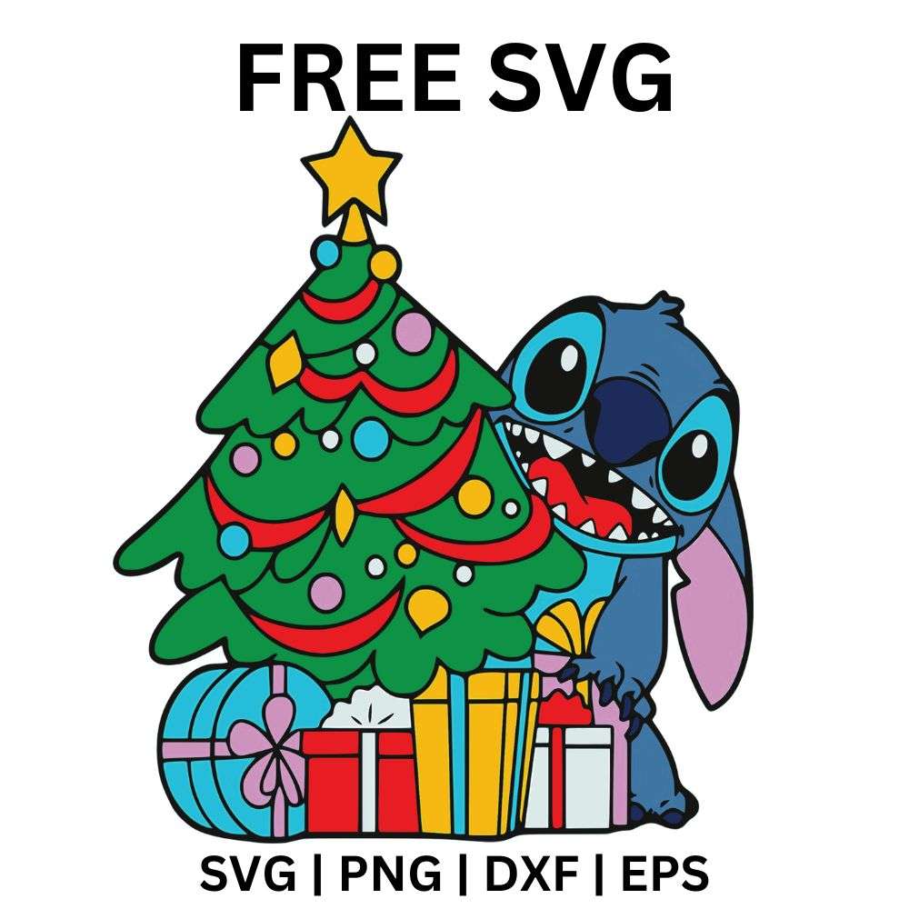 Smiling blue alien creature peeking from behind a decorated Christmas tree with a gold star, ornaments and wrapped gifts, free Christmas tree alien SVG cut file preview.