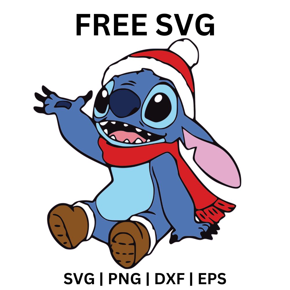 Happy blue alien creature in a red pom pom beanie, long red scarf and cozy coat sitting and waving, free winter alien SVG cut file preview.