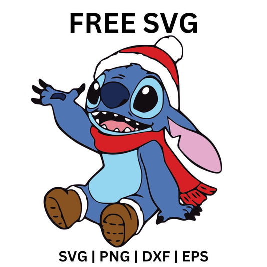 Happy blue alien creature in a red pom pom beanie, long red scarf and cozy coat sitting and waving, free winter alien SVG cut file preview.