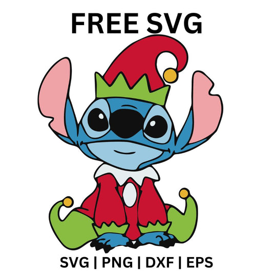 Cute blue alien creature sitting in a red and green elf hat, red sweater and curly green elf shoes, free Christmas elf alien SVG cut file preview.