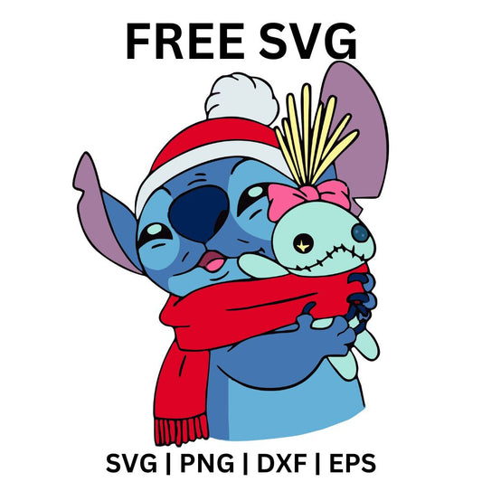 Cute blue alien creature in a Santa hat and red scarf hugging a little green rag doll, free Christmas alien SVG cut file preview.