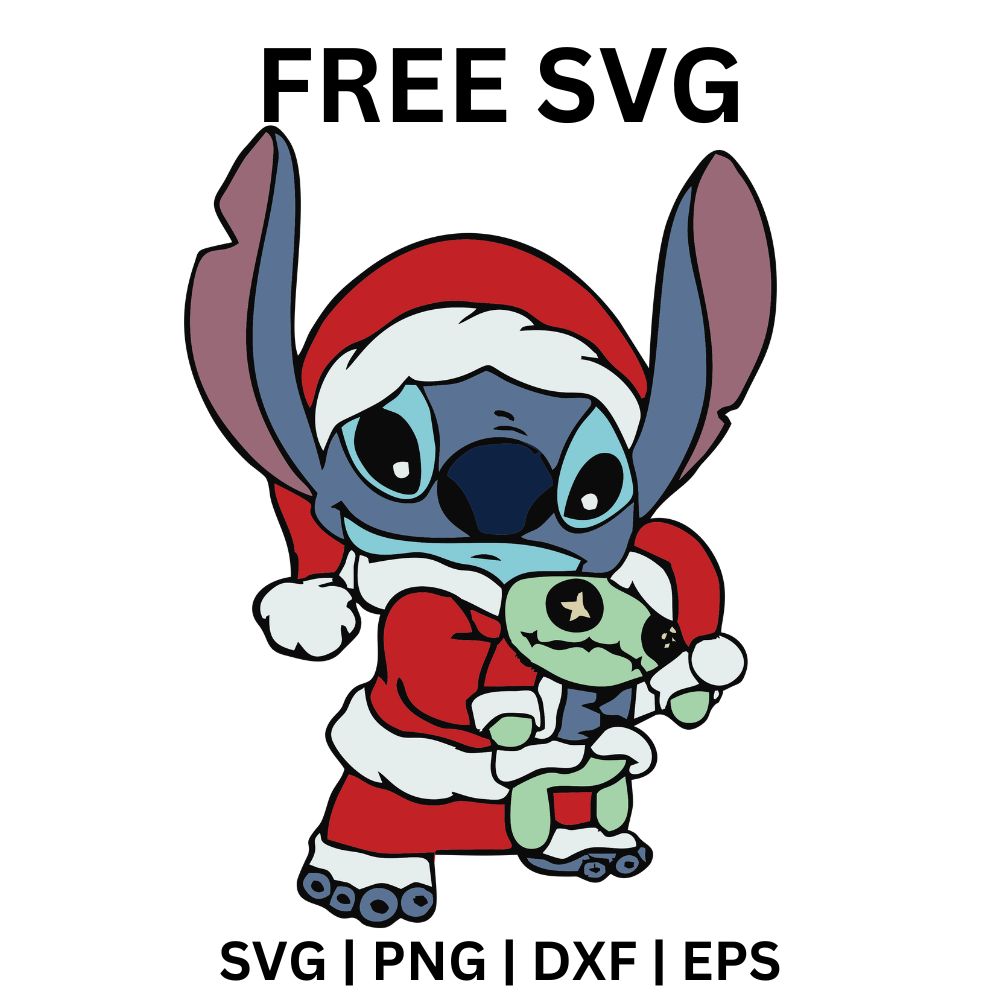Blue alien creature in a full red Santa suit and hat hugging a small green rag doll, free Christmas alien SVG cut file preview.