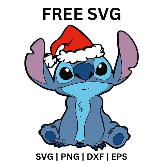 Calm blue alien creature with big ears sitting cross legged in a small red Santa hat, free Christmas alien SVG cut file preview.