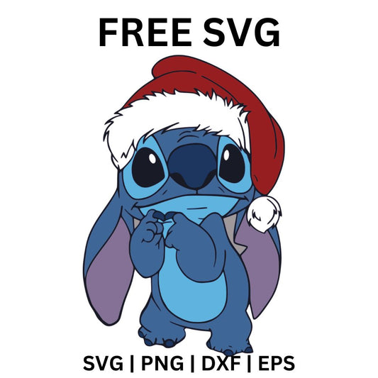 Sweet blue alien creature standing in an oversized red Santa hat with its paws pressed to its chest, free Christmas alien SVG cut file preview.