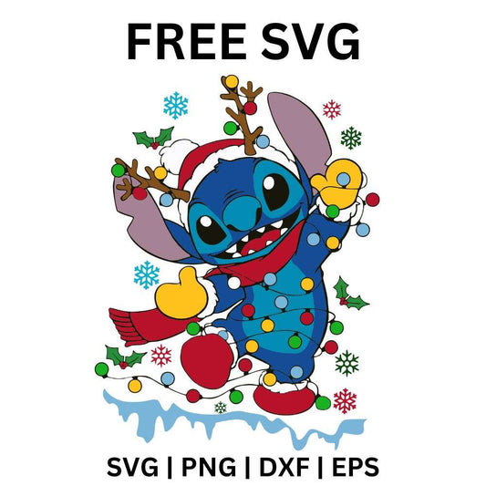 Blue alien creature wrapped in colorful Christmas lights holding a red ornament with snowflakes, holly and snowy ground around it, free Christmas lights alien SVG cut file preview.