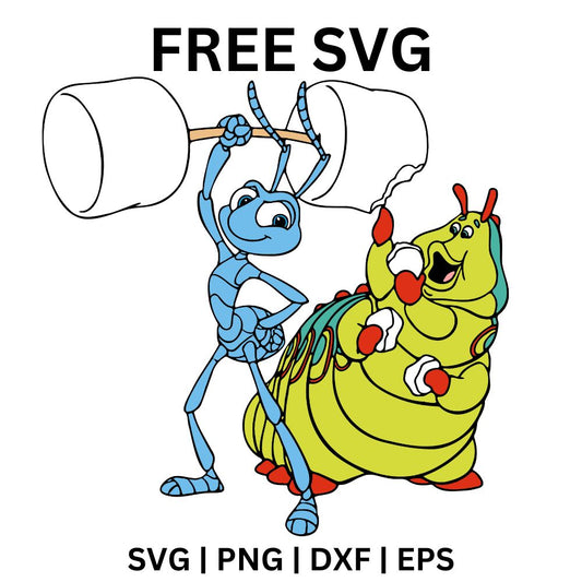 Strong little blue cartoon ant lifting a giant white seed overhead next to a smiling green caterpillar, free cartoon bugs SVG cut file preview.