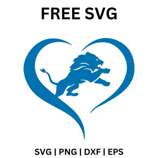 Blue brushstroke heart outline with a leaping blue lion in the center, free lion heart football SVG cut file preview.