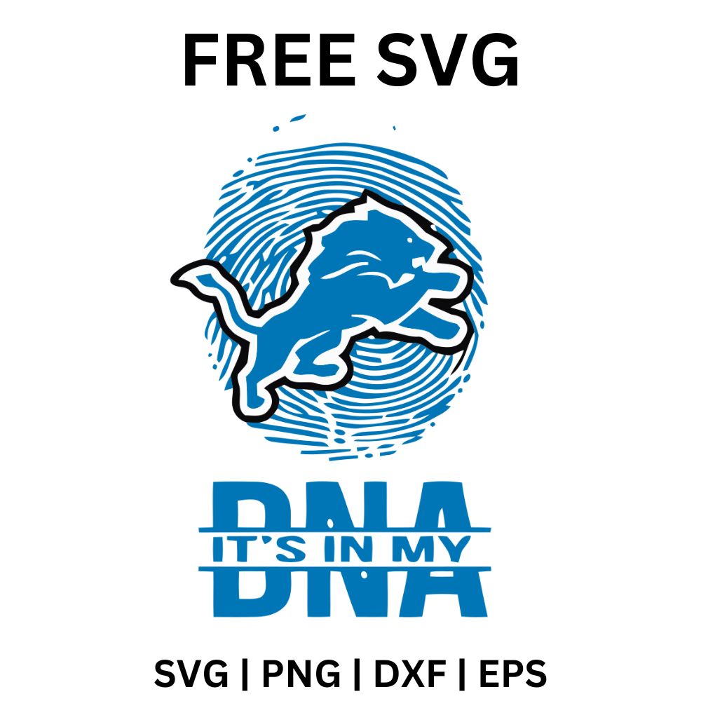 Blue fingerprint with a leaping lion in the center above bold blue its in my DNA lettering, free lion DNA fingerprint SVG cut file preview.
