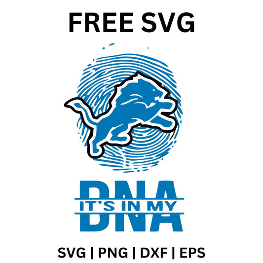 Blue fingerprint with a leaping lion in the center above bold blue its in my DNA lettering, free lion DNA fingerprint SVG cut file preview.
