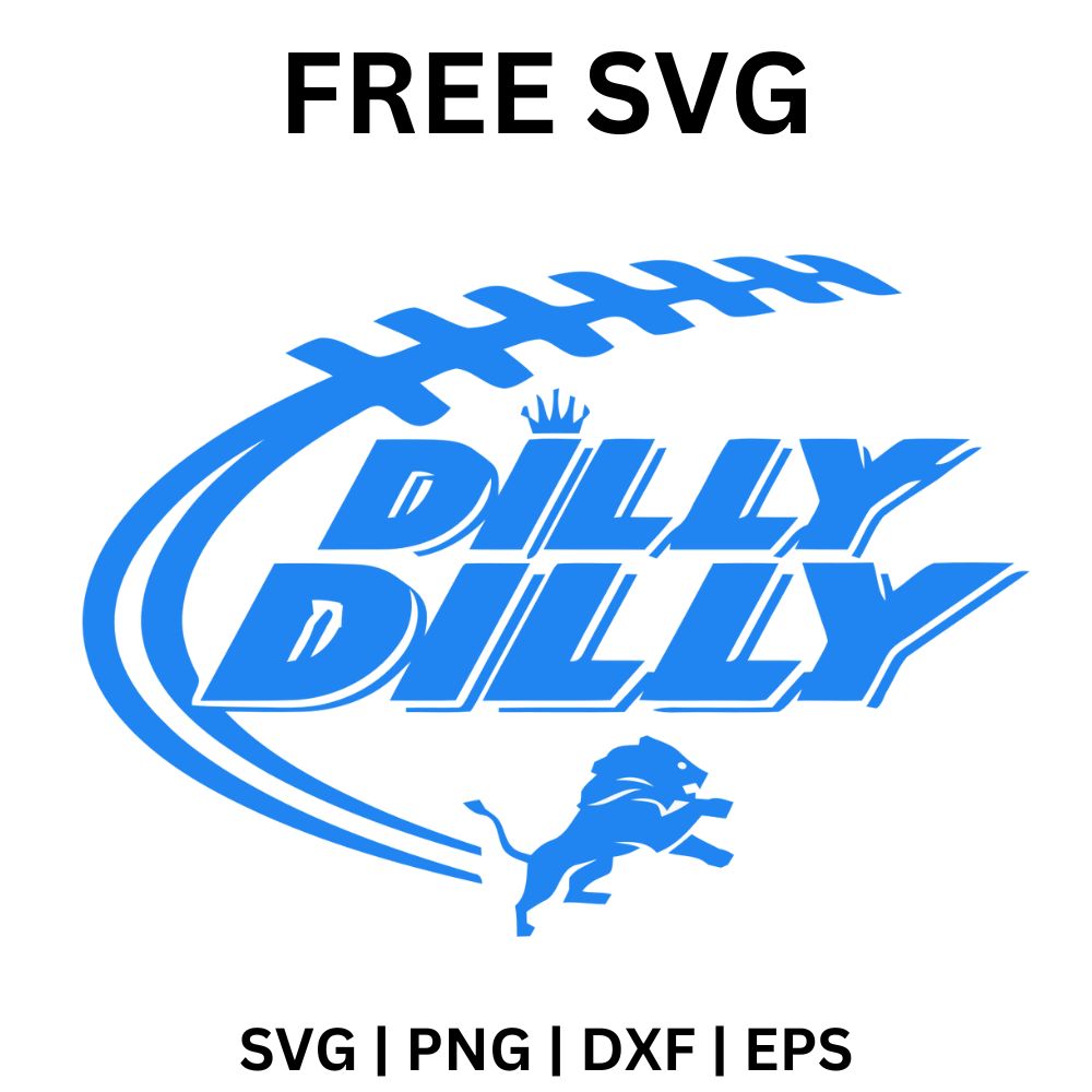 Blue football outline with laces arching over italic blue dilly dilly lettering and a small leaping lion below, free dilly dilly football SVG cut file preview.