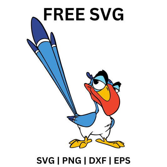 Blue cartoon hornbill bird with a big orange beak and long upswept tail feathers standing with a serious look, free hornbill bird SVG cut file preview.