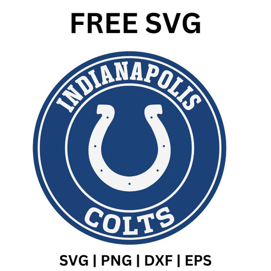 Blue horseshoe in a white circle ringed by a navy band with arched white city and team lettering, free horseshoe circle badge football SVG cut file preview.