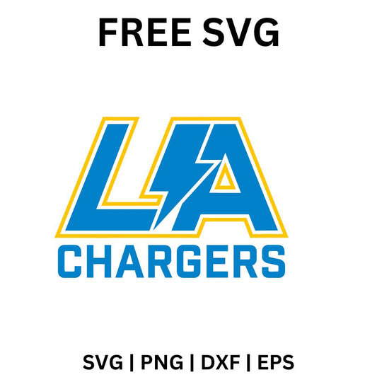 Bright blue LA letters with a gold lightning bolt cutting through above bold blue block team lettering, free lightning bolt football SVG cut file preview.