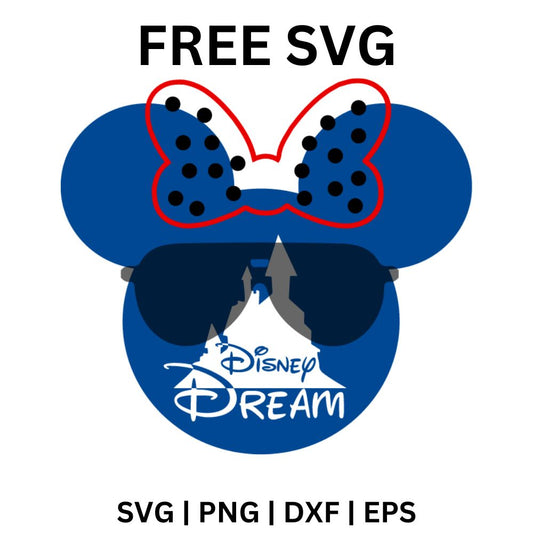 Blue mouse ears head with a red outlined polka dot bow, dark aviator sunglasses, a white castle and white Dream script lettering, free castle SVG cut file preview.