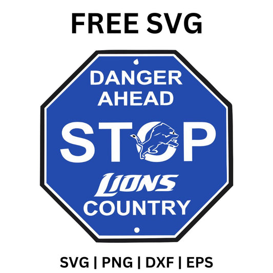 Blue octagon stop sign with danger ahead lettering, a small lion in the O and country text below, free lion country stop sign SVG cut file preview.