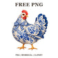 Blue and white porcelain style hen with floral patterns, a red comb and a blue gingham bow, free chinoiserie chicken PNG