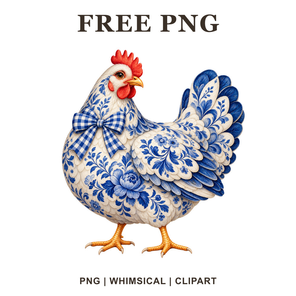 Blue and white porcelain style hen with floral patterns, a red comb and a blue gingham bow, free chinoiserie chicken PNG