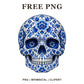 Blue and white porcelain style skull clipart covered in delft floral patterns, free floral skull PNG