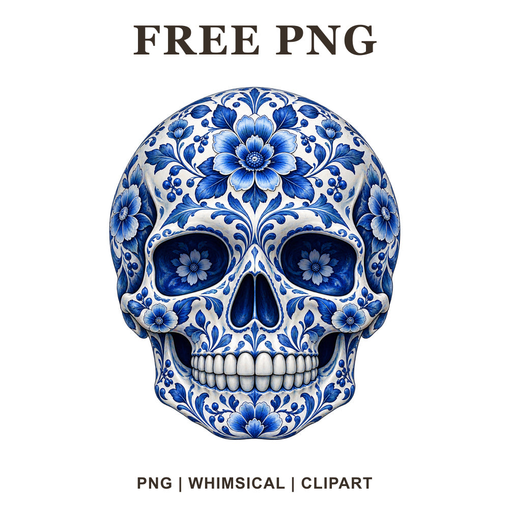 Blue and white porcelain style skull clipart covered in delft floral patterns, free floral skull PNG
