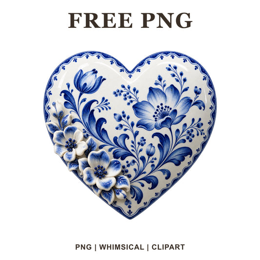 Glossy white porcelain heart painted with cobalt blue flowers and sculpted 3D blossoms, free heart PNG clipart preview.