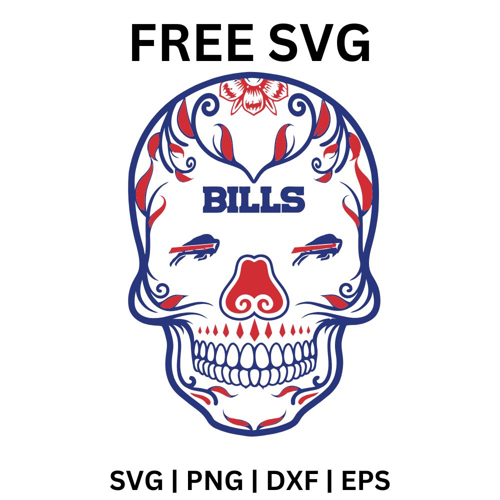 Blue and red outlined sugar skull with floral swirls, a flower on top, team lettering on the forehead and charging buffalo eyes, free football sugar skull SVG cut file preview.
