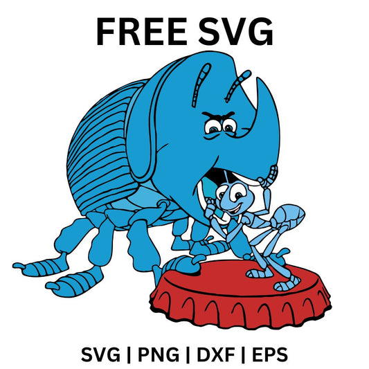 Big blue cartoon rhino beetle looming behind a small blue ant standing on a red bottle cap, free cartoon bugs SVG cut file preview.