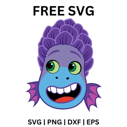 Cheerful blue cartoon sea monster face with green eyes, a toothy smile, purple side fins and curly purple fin hair, free sea monster SVG cut file preview.