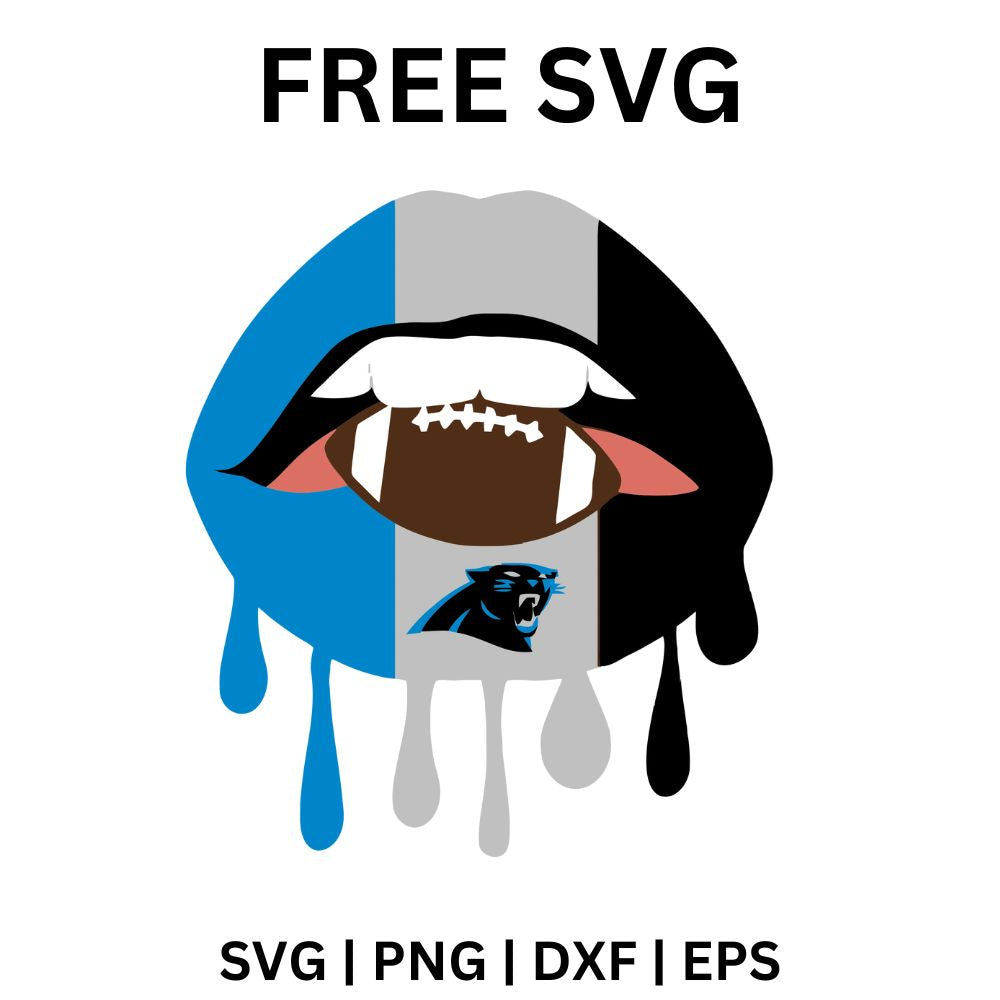 Dripping lips striped in blue, silver and black biting a brown football, with a small leaping panther on the lower lip, free dripping lips football SVG cut file preview.