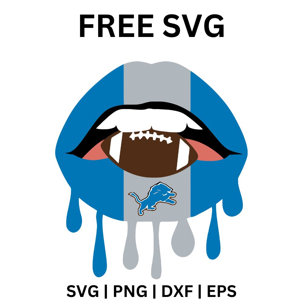 Blue and silver striped dripping lips biting a brown football with a small blue lion below, free dripping lips lion football SVG cut file preview.