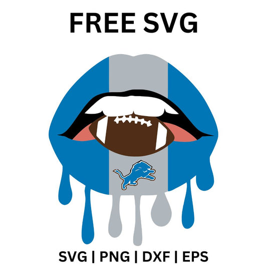 Blue and silver striped dripping lips biting a brown football with a small blue lion below, free dripping lips lion football SVG cut file preview.