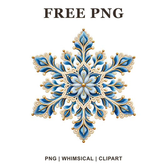 Ornate blue and white lace snowflake mandala with gold bead accents, free snowflake PNG