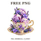 Lavender ice cream scoops in a floral gold-trim teacup with blueberries and purple flowers, free cottage PNG