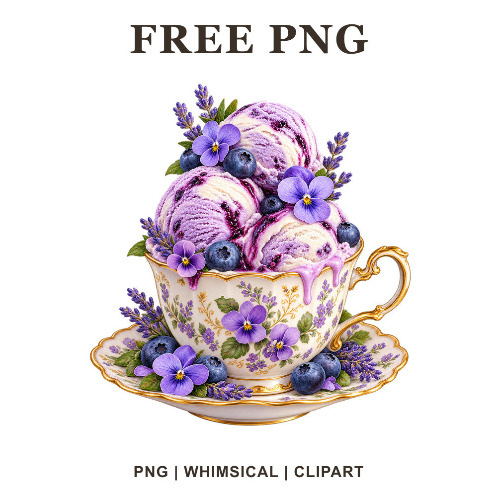 Lavender ice cream scoops in a floral gold-trim teacup with blueberries and purple flowers, free cottage PNG