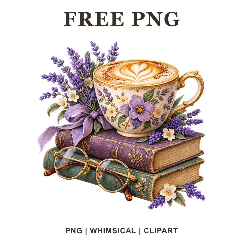 Purple floral coffee cup with latte art on stacked vintage books with reading glasses and lavender, free book lover coffee PNG