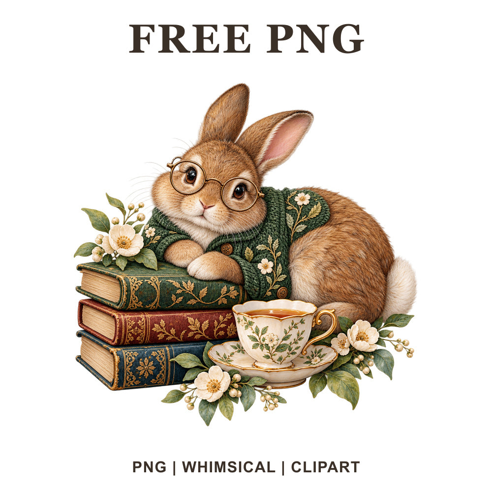 Bookish brown bunny in round glasses and a green cardigan resting on stacked vintage books beside a floral teacup, free bunny PNG