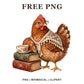 Brown hen in round glasses and a lace shawl sitting on stacked vintage books beside a teacup, free bookish chicken PNG
