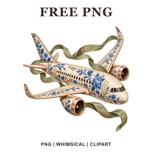 Cream passenger airplane with blue and orange floral patterns wrapped in a sage green ribbon, free botanical airplane PNG