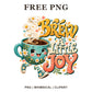 Happy teal coffee mug character with daisies and sneakers beside Brew a Little Joy yellow and orange lettering, free coffee PNG