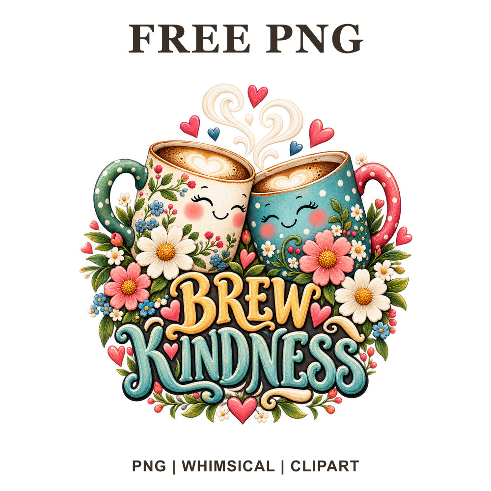 Two smiling coffee mugs with pink flowers and hearts above Brew Kindness lettering in yellow and teal, free coffee PNG