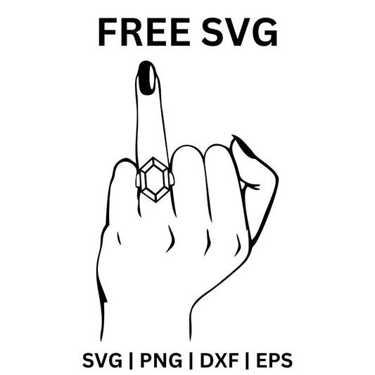 Black line art hand with a raised finger wearing a diamond ring and dark nail polish, free bride ring hand SVG cut file preview.